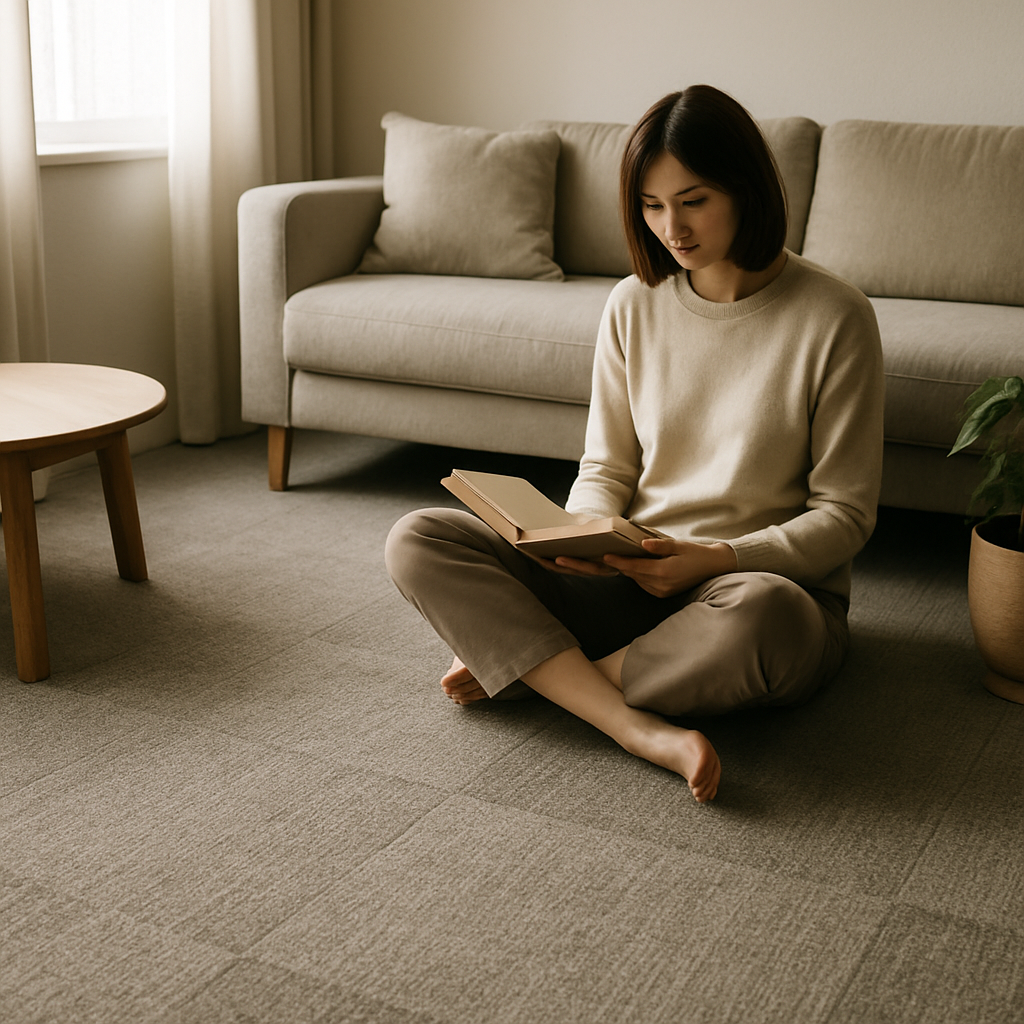 Een serene woonkamer met een warme, textuurrijke tapijttegelvloer waar natuurlijk licht op valt. Een persoon leest ontspannen op de vloer, omringd door een rustige en schone sfeer.
