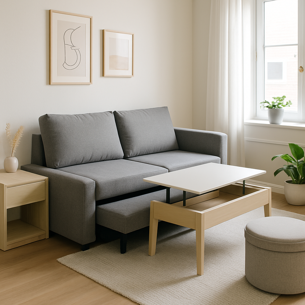 Een stijlvolle, grijze slaapbank in een compacte, lichte woonkamer. De slaapbank is deels uitgeschoven om de transformatie van bank naar bed te illustreren. Voor de bank staat een minimalistische salontafel en er zijn subtiele elementen van slimme opbergruimte te zien, zoals een poef met deksel. De kamer is netjes en modern ingericht.
