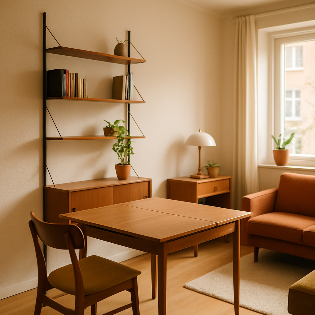 Een knusse, compacte Nederlandse woonkamer met mid-century modern meubels. Een uitklapbare eettafel staat compact opgesteld. Aan de muur hangt een modulair wandsysteem met planken en gesloten vakken, met boeken en een plant, wat slim gebruik van verticale ruimte laat zien. De ruimte voelt licht en georganiseerd aan.