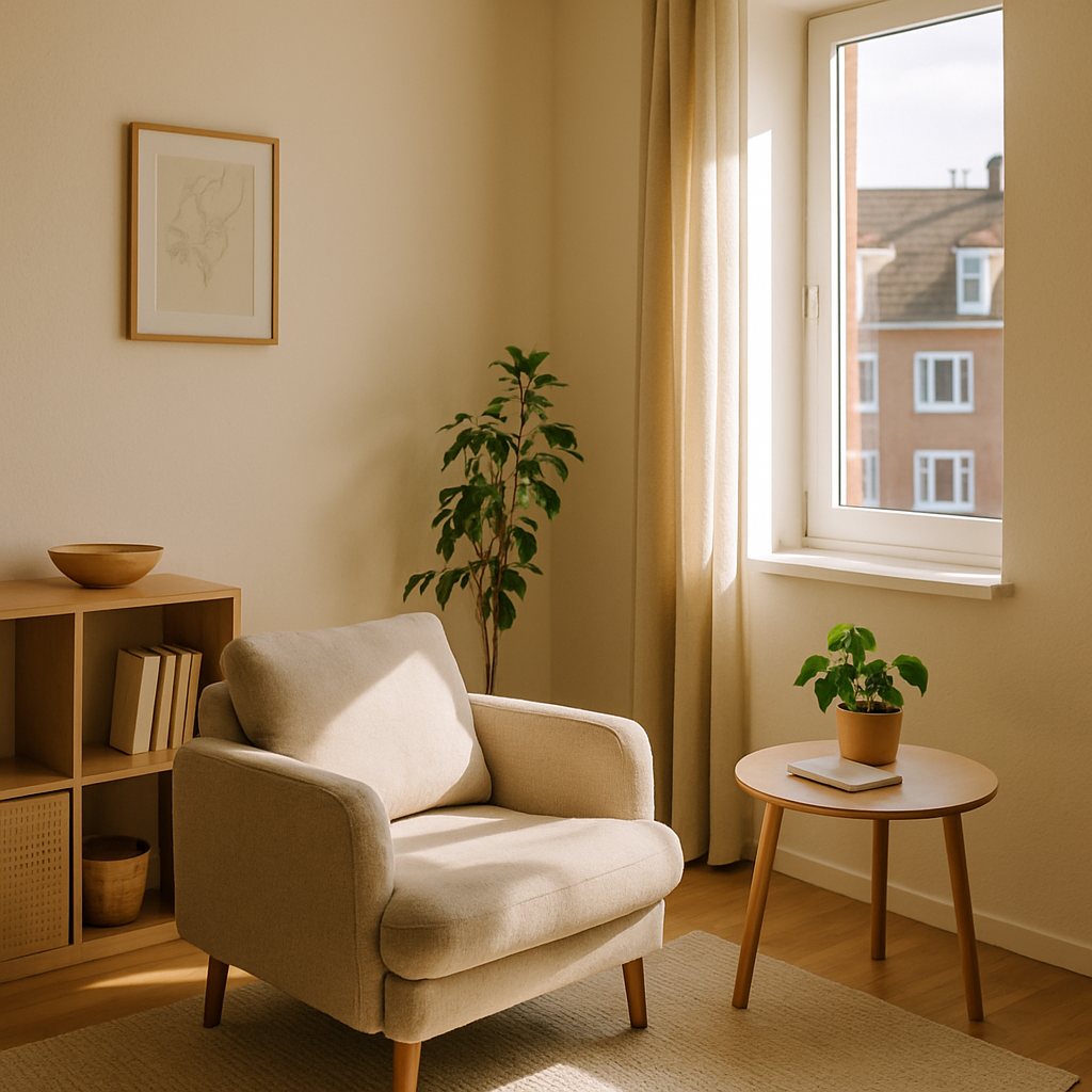 Een serene, lichte woonkamer in een compact appartement, met een comfortabele fauteuil, een plant en een opgeruimd interieur.