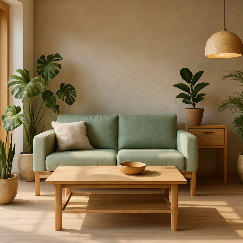 Duurzame woninginrichting met biobased houten meubels en slimme energiezuinige verlichting in een modern interieur