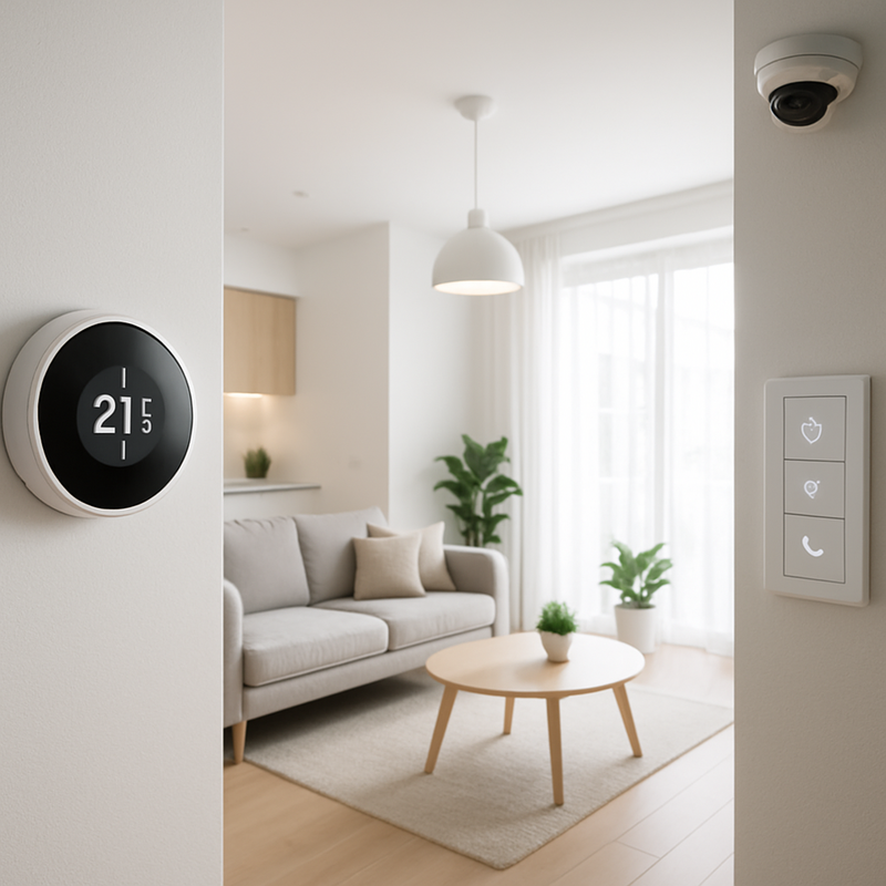 Interieur van een moderne woning met slimme thermostaat, automatische verlichting en beveiligingscamera's
