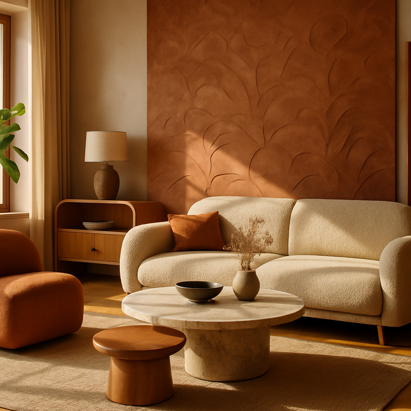 Modern interieur met aardetinten, houten meubels en ronde vormen in een warme en duurzame stijl