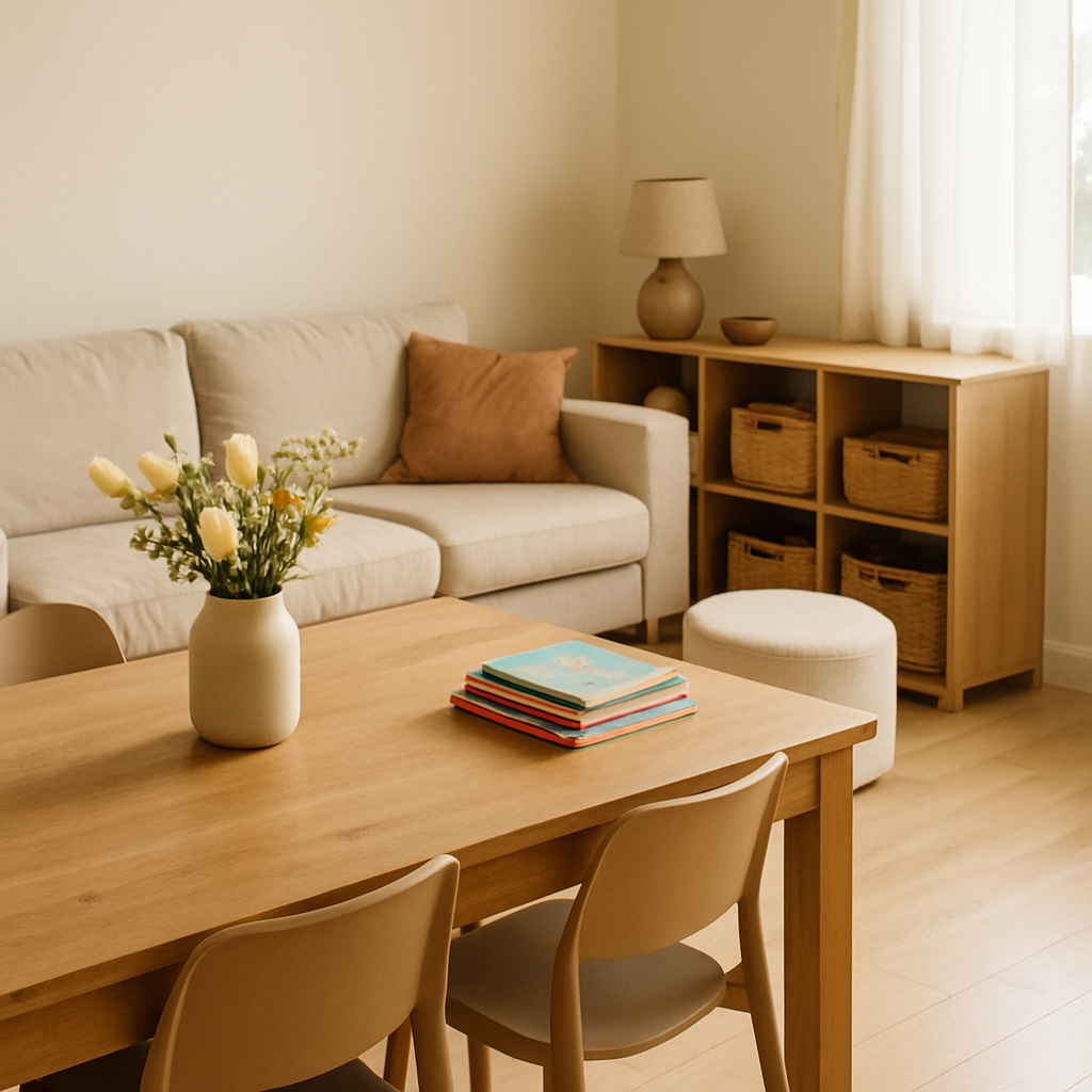 Een lichte, moderne woon- en eetruimte die stijl en functionaliteit combineert voor een gezin. Er staat een grote houten eettafel met kindvriendelijke stoelen en een comfortabele bank met afneembare hoezen. Decoratieve manden en planken bieden slimme opbergruimte.