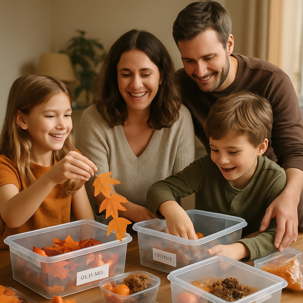 Een moeder, vader en twee kinderen zitten samen aan een tafel, omringd door transparante opbergbakken vol seizoensdecoratie. De kinderen zoeken enthousiast door de spullen, terwijl de ouders glimlachend toekijken en helpen organiseren.