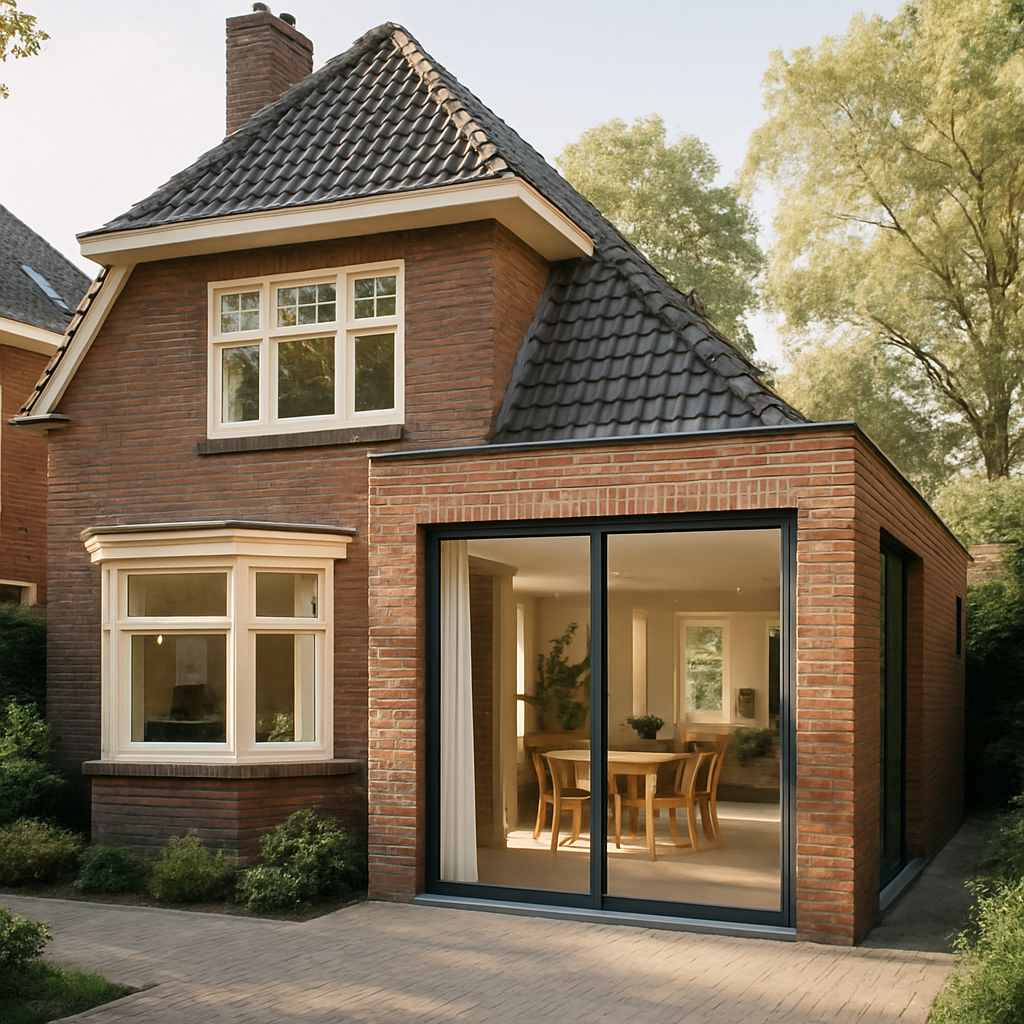 Een zijkant van een karakteristiek jaren 30 huis in Nederland, met een stijlvolle, moderne aanbouw van glas en baksteen die perfect aansluit bij de bestaande architectuur.