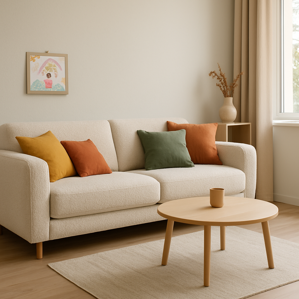 Een gezellige woonkamer met een lichte bouclé bank, kleurrijke kussens en een duurzame vloer. Een kinderlijke tekening aan de muur toont de balans tussen stijl en kindvriendelijkheid.