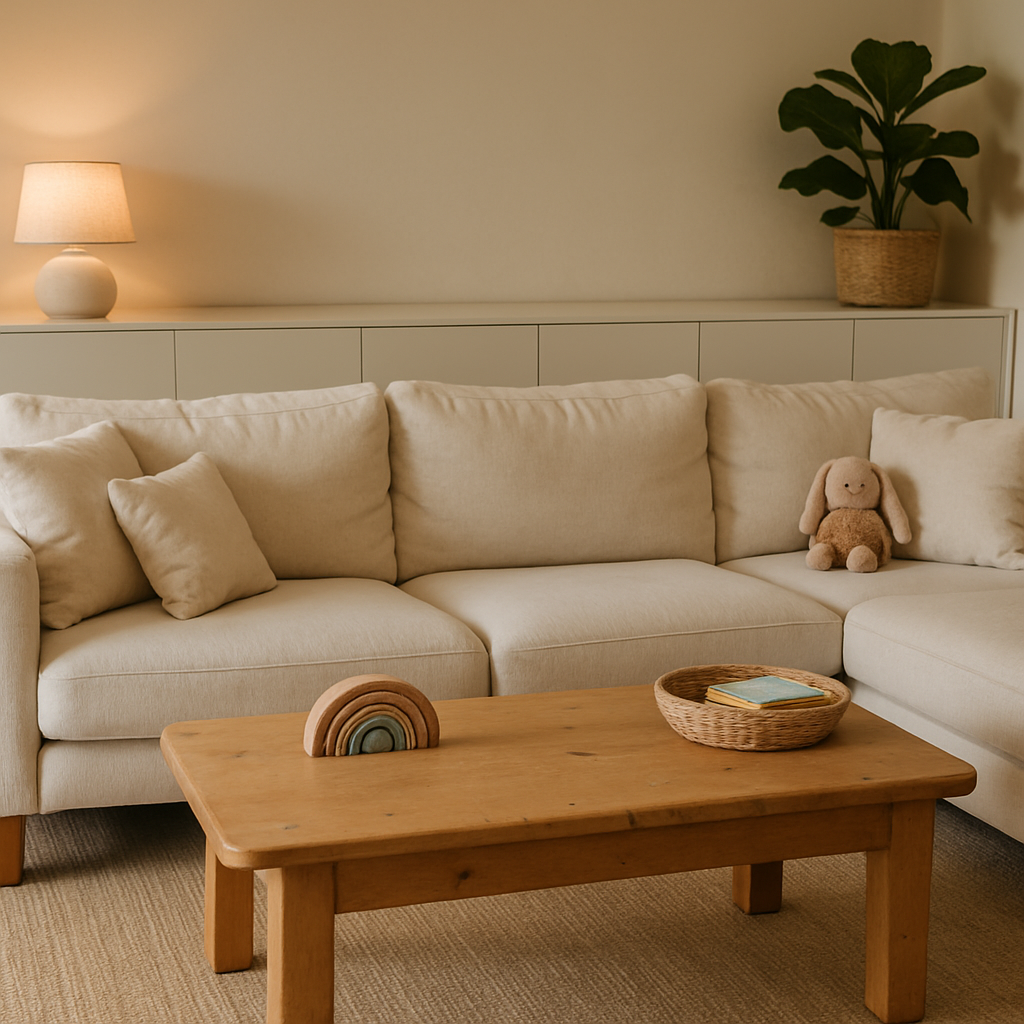 Een sfeervolle, modern ingerichte woonkamer met een grote modulaire bank in een lichte stof, een houten salontafel met ronde hoeken en een lichte speelse beschadiging, en geïntegreerde kastenwand die netjes is afgesloten. Er liggen een paar zachte kussens op de bank en een vloerkleed op de vloer.
