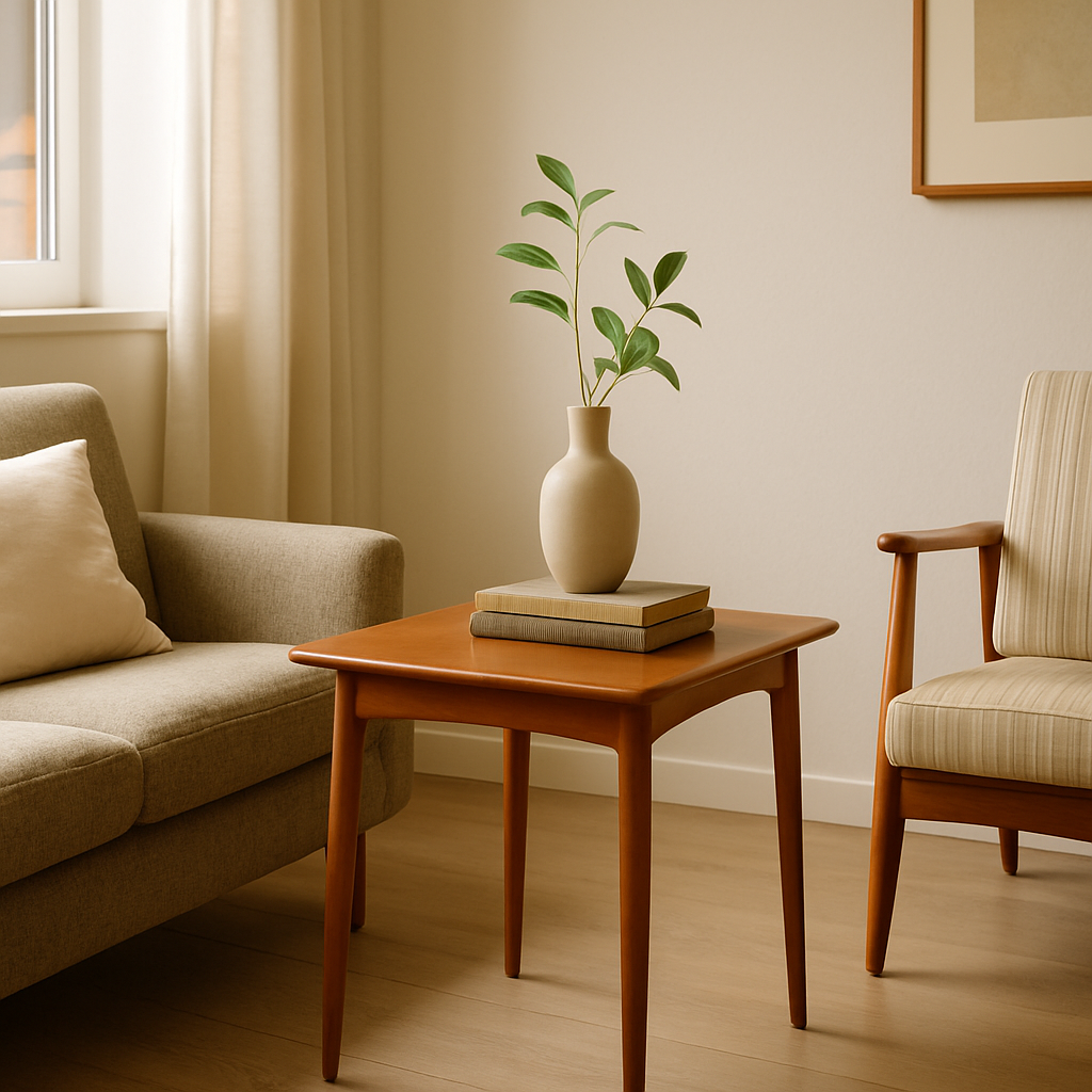 Een gerestaureerde, slanke mid century modern teak bijzettafel in een lichte, minimalistische woonkamer. Op de tafel staat een enkele vaas met een plant en twee boeken, naast een lichte muur en houten vloer.