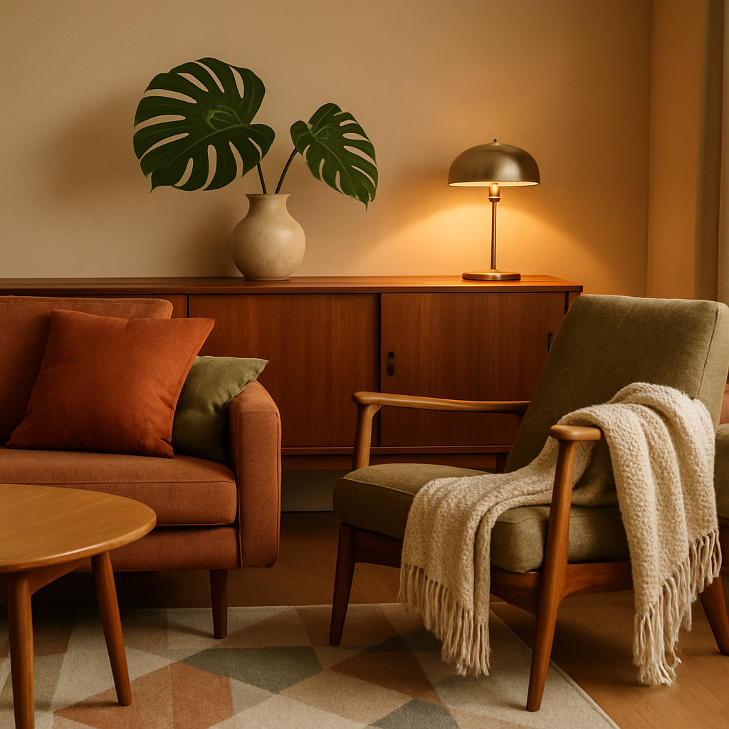 Een gezellige mid-century modern woonkamer met een terracotta bank, olijfgroene kussens, een houten dressoir met een keramieken vaas en een Monstera blad, en een grafisch vloerkleed. De verlichting is warm.