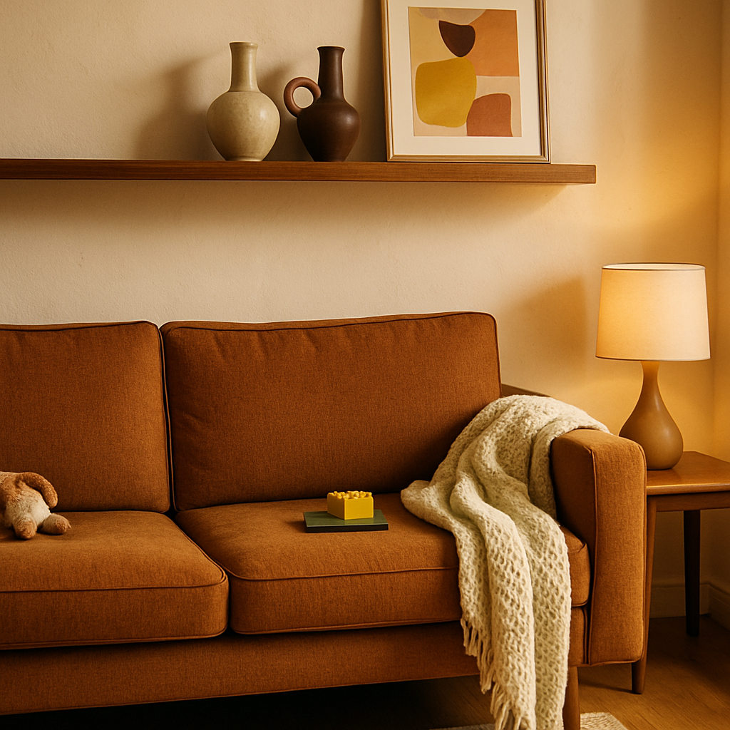 Een gezellige mid-century modern woonkamer met een olijfgroene bank, een geweven deken, en abstracte kunst boven een plank buiten bereik van kinderen. Keramische vazen en een warme kleurenpalette accentueren de ruimte.
