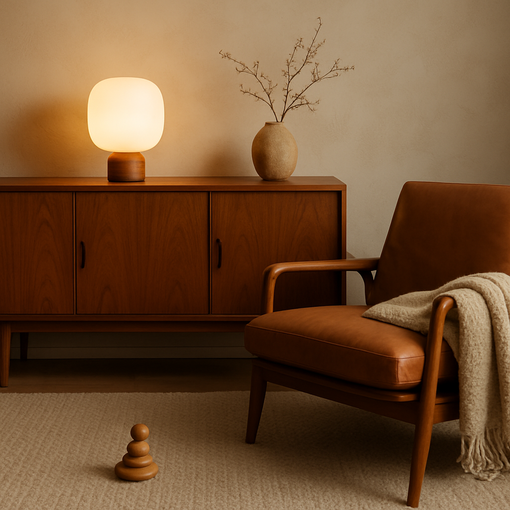 Een sfeervolle, warm verlichte woonkamerhoek in mid-century modern stijl, met een teakhouten dressoir, een leren fauteuil met wollen plaid, en een zacht wollen vloerkleed. Een subtiel houten speelgoedje hint naar een gezinsleven.