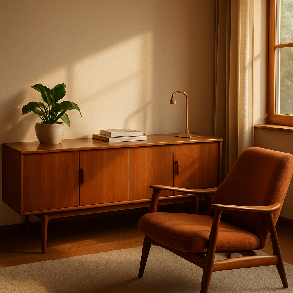 Een serene mid-century moderne woonkamer met een slank teakhouten dressoir, een organisch gevormde fauteuil in een warme stof, en een plant. Natuurlijk licht valt naar binnen en benadrukt de natuurlijke materialen.