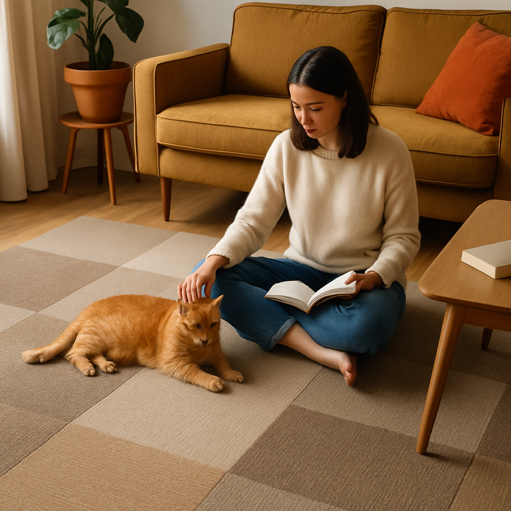 Een sfeervolle woonkamer met gemêleerde modulaire tapijttegels op de vloer. Een persoon zit comfortabel op de grond, wat de zachtheid en warmte van de vloer benadrukt.