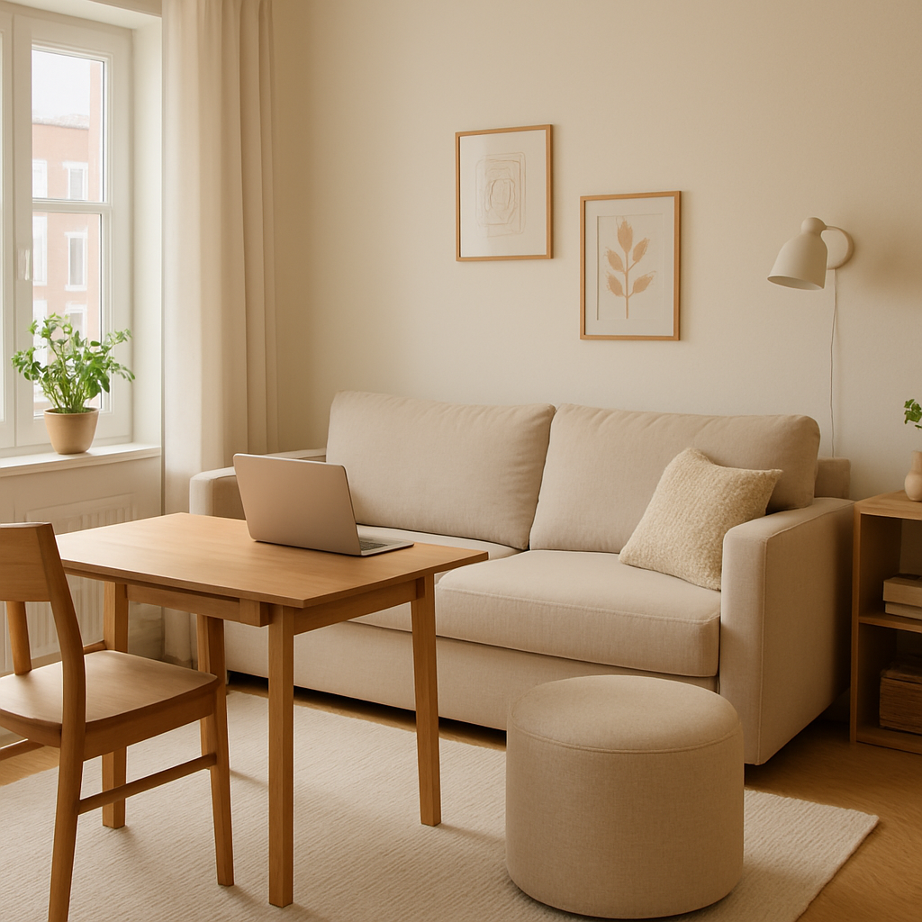 Een modern ingerichte, compacte woonkamer met een multifunctionele slaapbank, een uitschuifbare eettafel en een veelzijdig poefje. Het toont slimme ruimtebesparende oplossingen in een kleine Nederlandse woning.