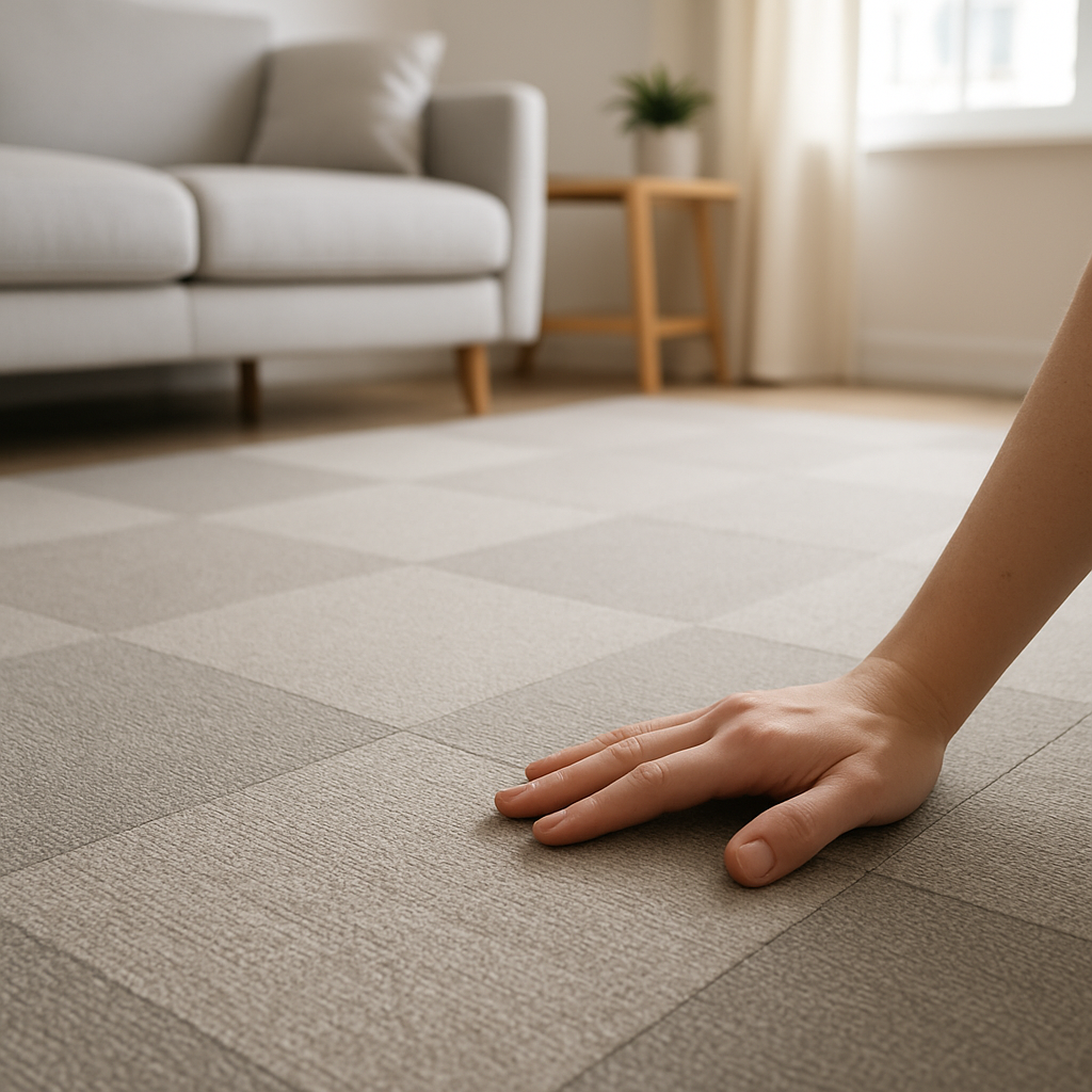 Een schone, goed onderhouden vloer van modulaire tapijttegels in een moderne woonkamer, met een subtiel patroon van twee kleuren grijs. Een hand raakt zachtjes een tegel aan, wat het gemak van onderhoud en vervanging symboliseert.