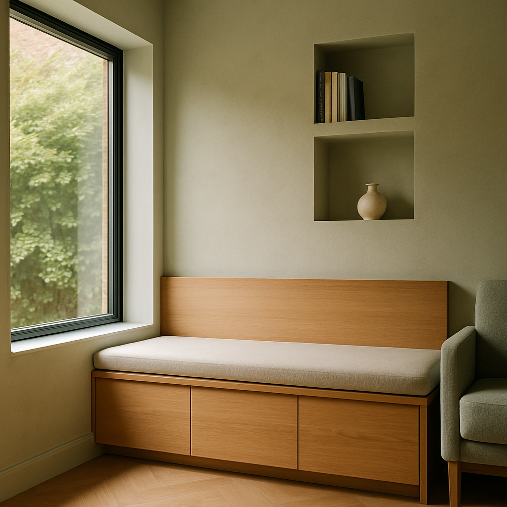 Een modern ingerichte aanbouw bij een jaren 30 huis, met een lange, houten zitbank met verborgen lades eronder langs een raam. Daarboven zijn ondiepe nissen in de muur gecreëerd, gevuld met boeken en een decoratieve vaas.