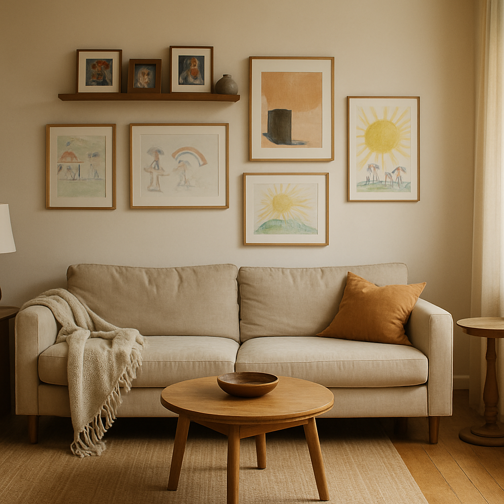 Een gezellige woonkamer met zonnig daglicht. De inrichting combineert volwassen kunst met ingelijste kindertekeningen aan de muur. Er zijn persoonlijke voorwerpen zichtbaar, veilig buiten bereik geplaatst, en comfortabele meubels die een geleefd gevoel geven. De kamer straalt een authentieke en huiselijke sfeer uit.