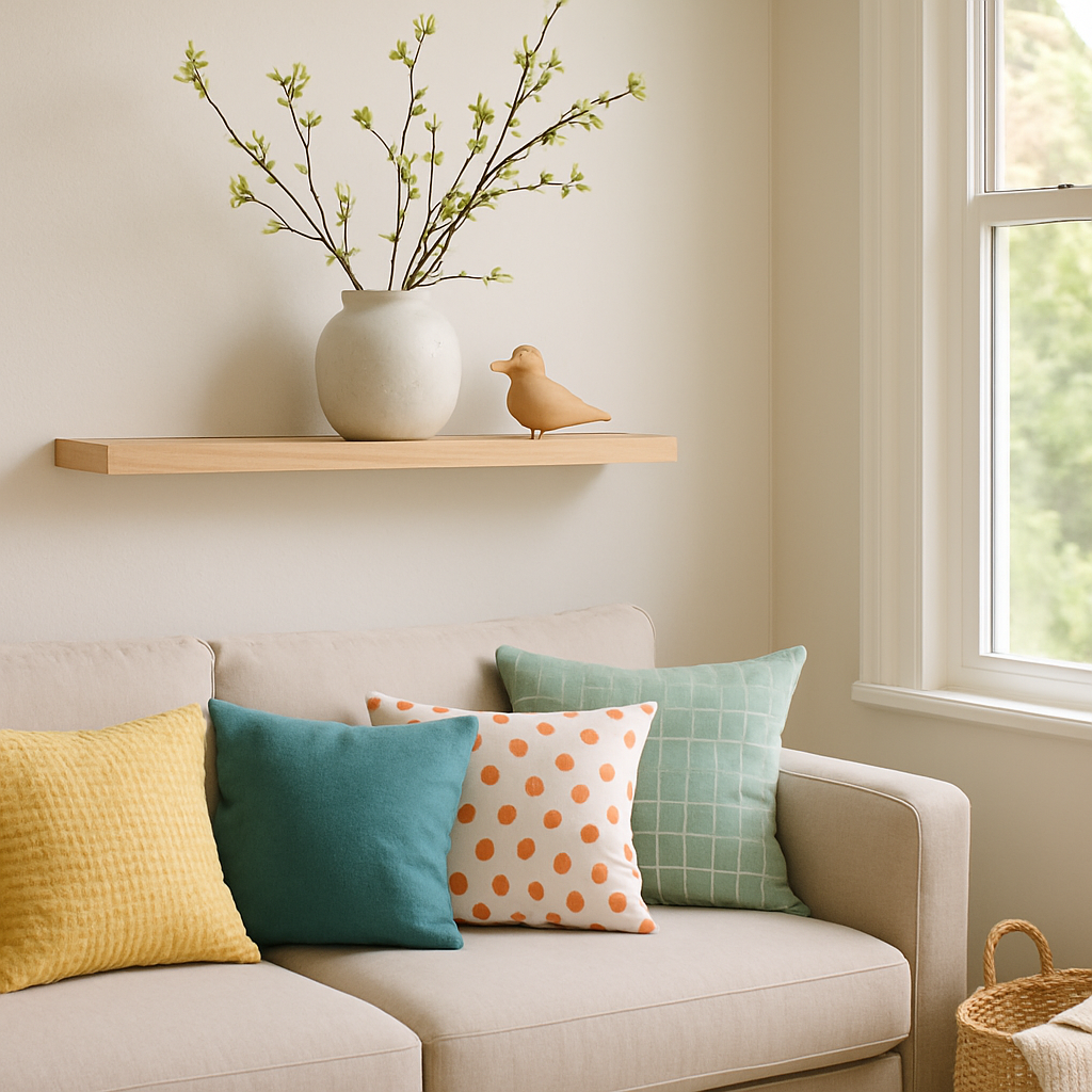 Een serene foto van een lichte woonkamerhoek met lente decoratie, inclusief bloeiende takken in een onbreekbare vaas op een hoge plank en kleurrijke, wasbare kussens op een bank.