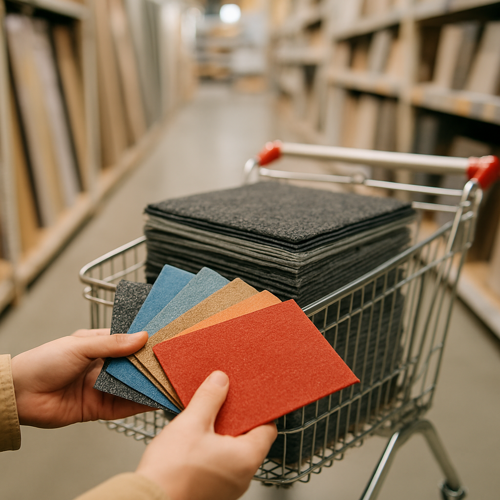 Een persoon inspecteert verschillende stalen van modulaire tapijttegels, terwijl in een winkelwagen op de achtergrond een stapel verpakte tapijttegels ligt. De omgeving is een gangpad in een bouwmarkt of vloerenspeciaalzaak.