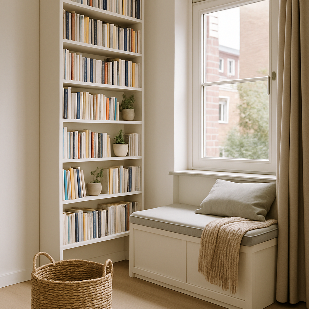 Een hoge, slanke boekenkast vult een muur bijna tot het plafond, gevuld met boeken en kunst. Daaronder staat een elegante opbergbank bij een raam, en een decoratieve gevlochten mand staat op de vloer. De ruimte is netjes en sfeervol verlicht door natuurlijk licht.