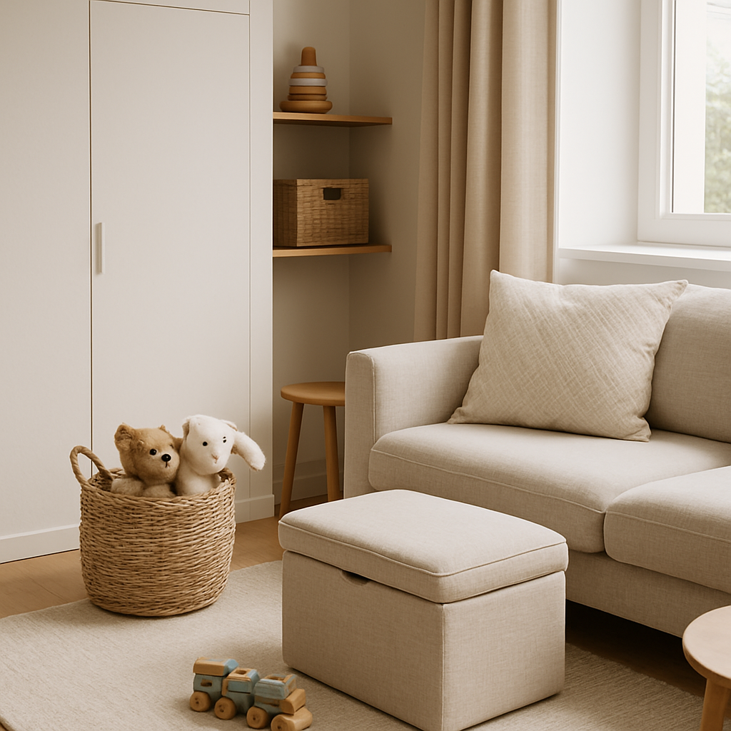 Een stijlvolle, opgeruimde woonkamerhoek met lichte muren, waar subtiele ingebouwde kasten en een gevlochten mand met speelgoed te zien zijn. Een multifunctionele poef met opbergruimte staat centraal. De ruimte oogt rustig en functioneel, passend voor een gezin.