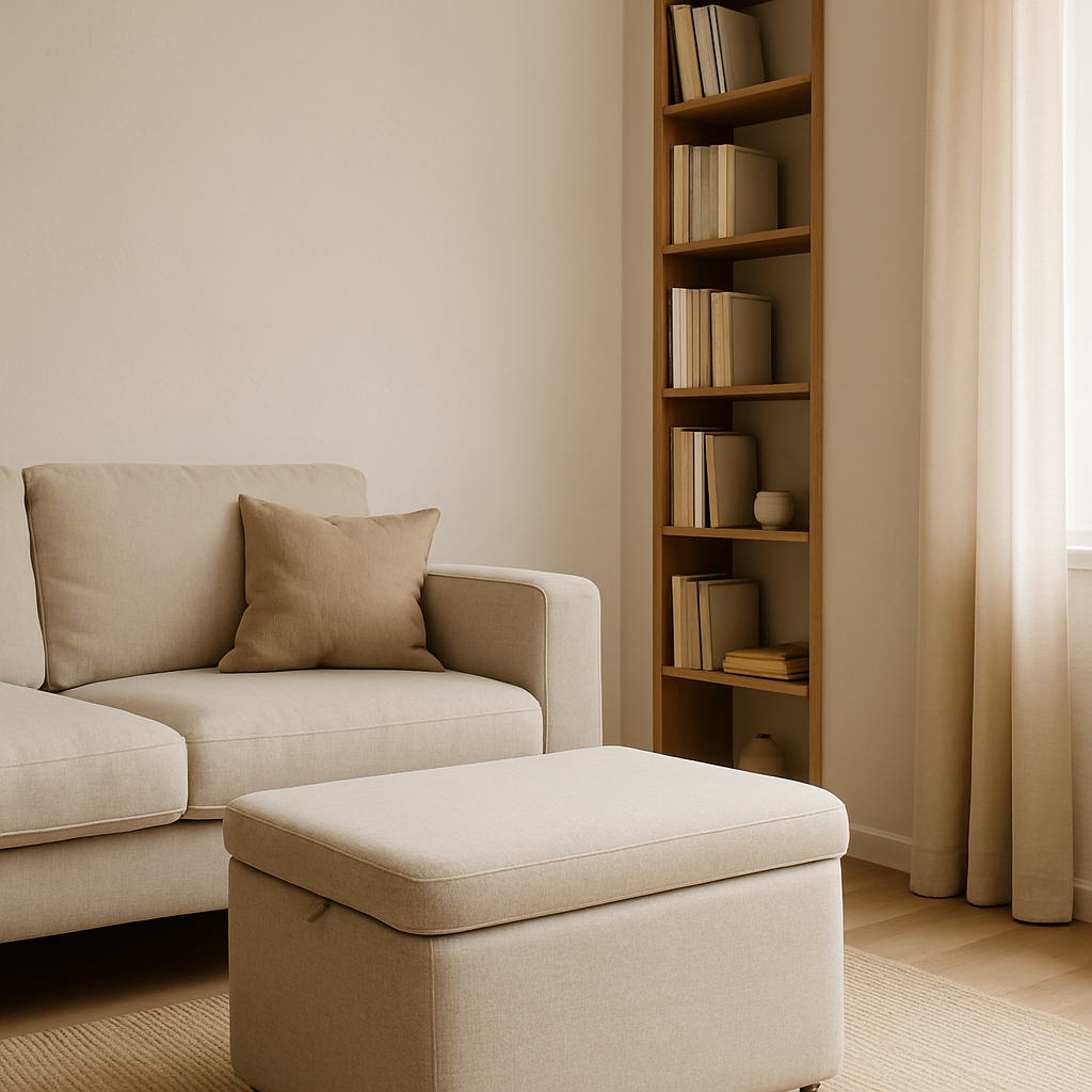 Een foto van een compacte woonkamer met een opbergpoef en hoge, smalle boekenplanken die de muur vullen, wat de indruk geeft van slim ruimtegebruik.