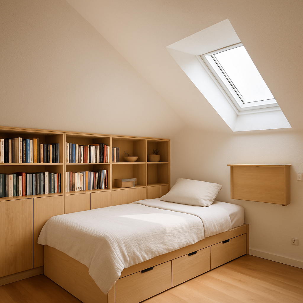 Een opgeruimde zolderkamer met een schuin dak. Onder het schuine dak is een ingebouwde, lichte houten kast met boeken en dichte vakken zichtbaar. Een bed met lades eronder staat in het midden, en tegen een rechte muur is een opklapbaar bureau ingeklapt. De ruimte is licht en functioneel ingericht.