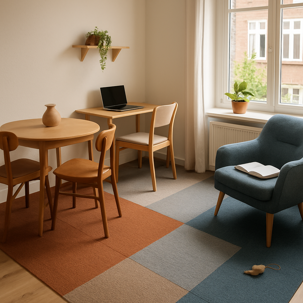 Een bovenaanzicht van een kleine, modern ingerichte woonkamer met duurzame tapijttegels in verschillende kleuren die functionele zones creëren. Een eethoek, een werkplek en een leeshoek zijn duidelijk van elkaar onderscheiden door de vloertegels, zonder gebruik van muren.