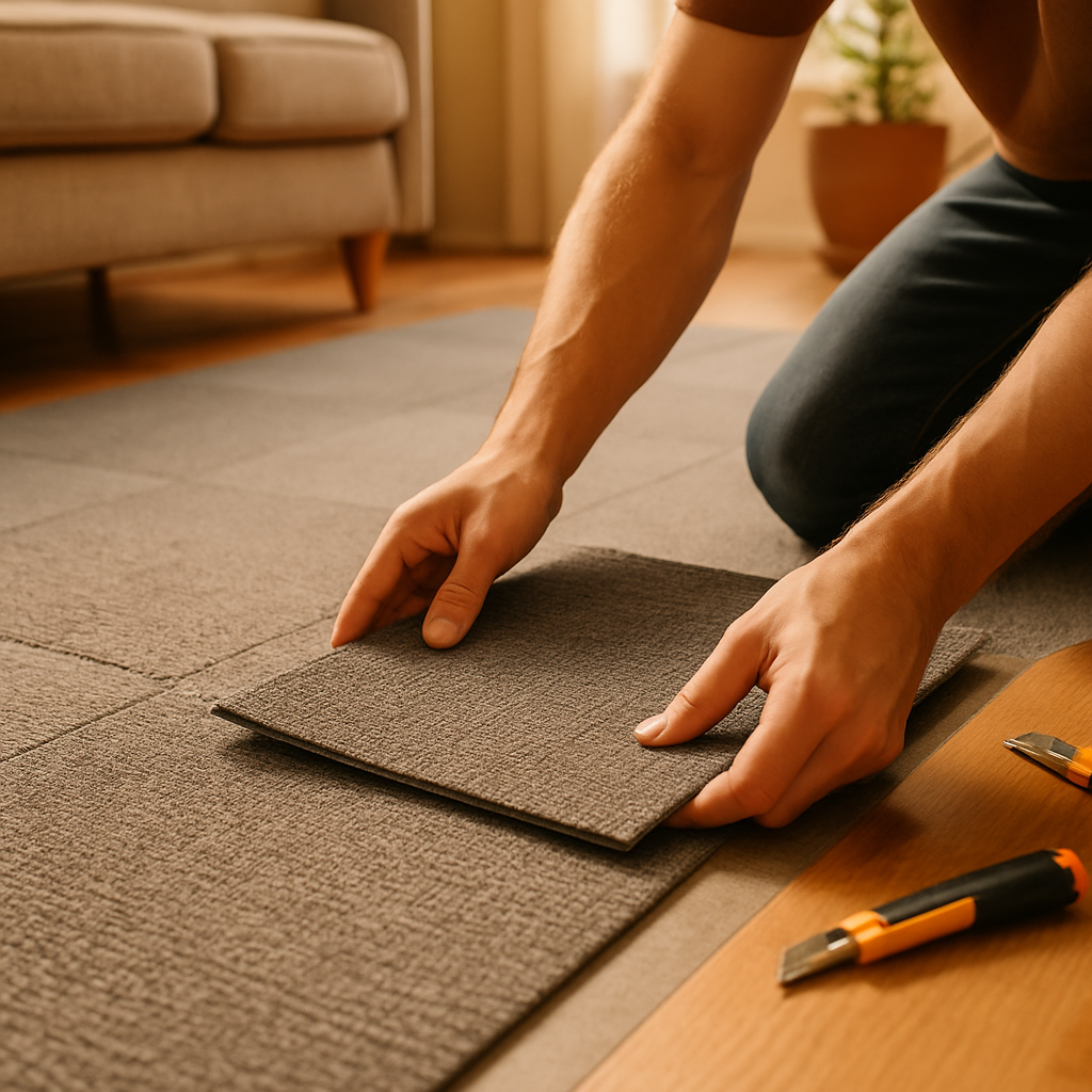 Een gedetailleerde foto van handen die een grijze modulaire tapijttegel nauwkeurig plaatsen, onderdeel van een grotere vloer met een patroon, in een zonnige kamer.