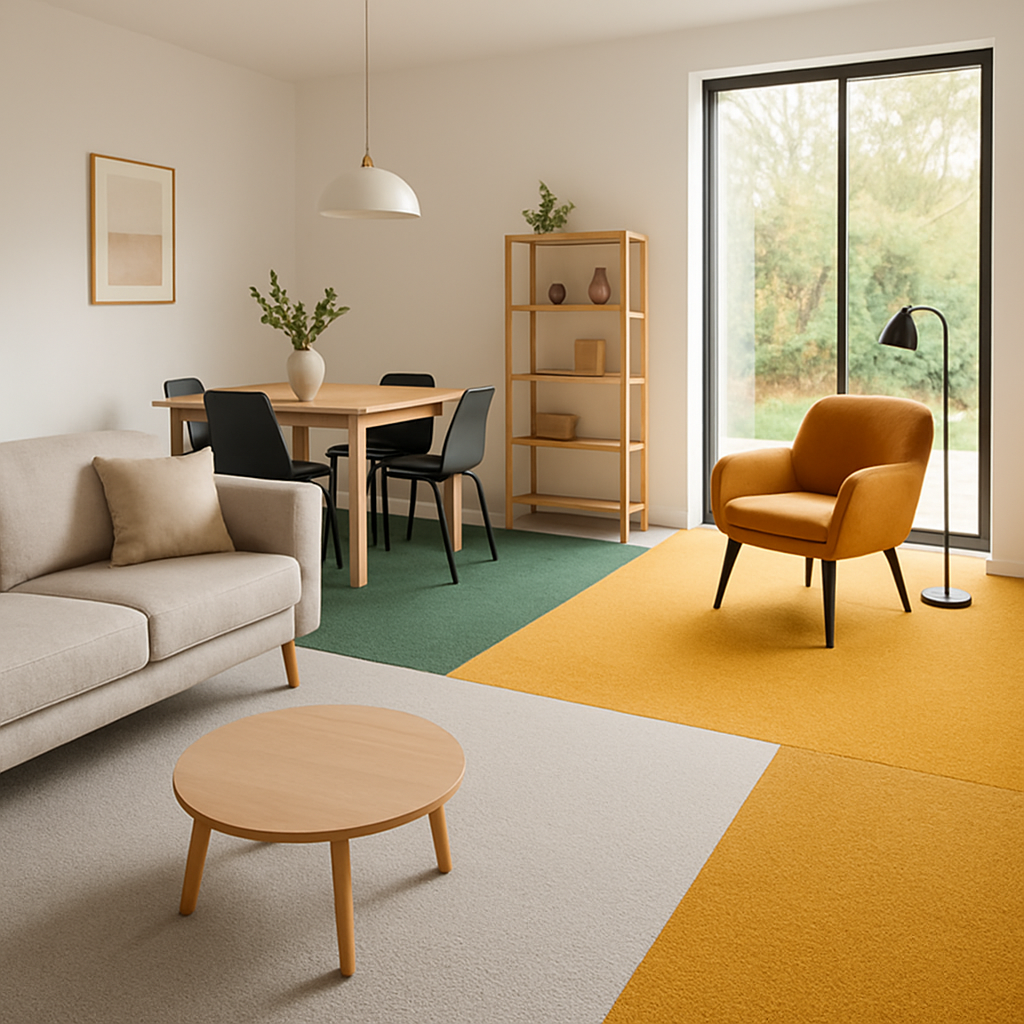 Een modern interieur met een vloer van tapijttegels in verschillende kleuren en texturen. Lichte grijze tegels vormen een open ruimte, terwijl een okergele en een mosgroene sectie zones afbakenen voor respectievelijk een leeshoek en een eethoek.