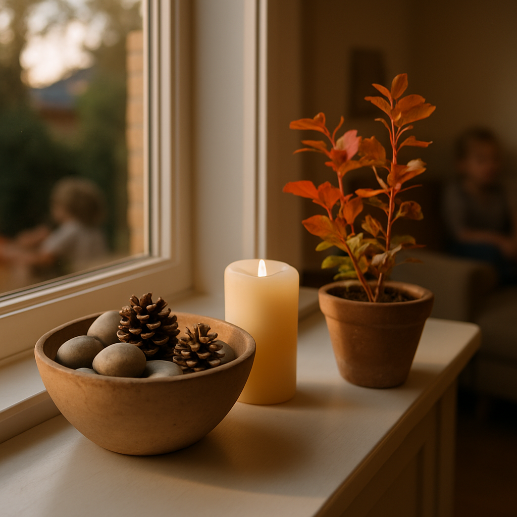 Een sfeervolle foto van een vensterbank in een gezinswoning, gedecoreerd met een stevige, matte keramieken schaal gevuld met dennenappels en rivierstenen, een dikke kaars en een kleine plant met herfstbladeren.