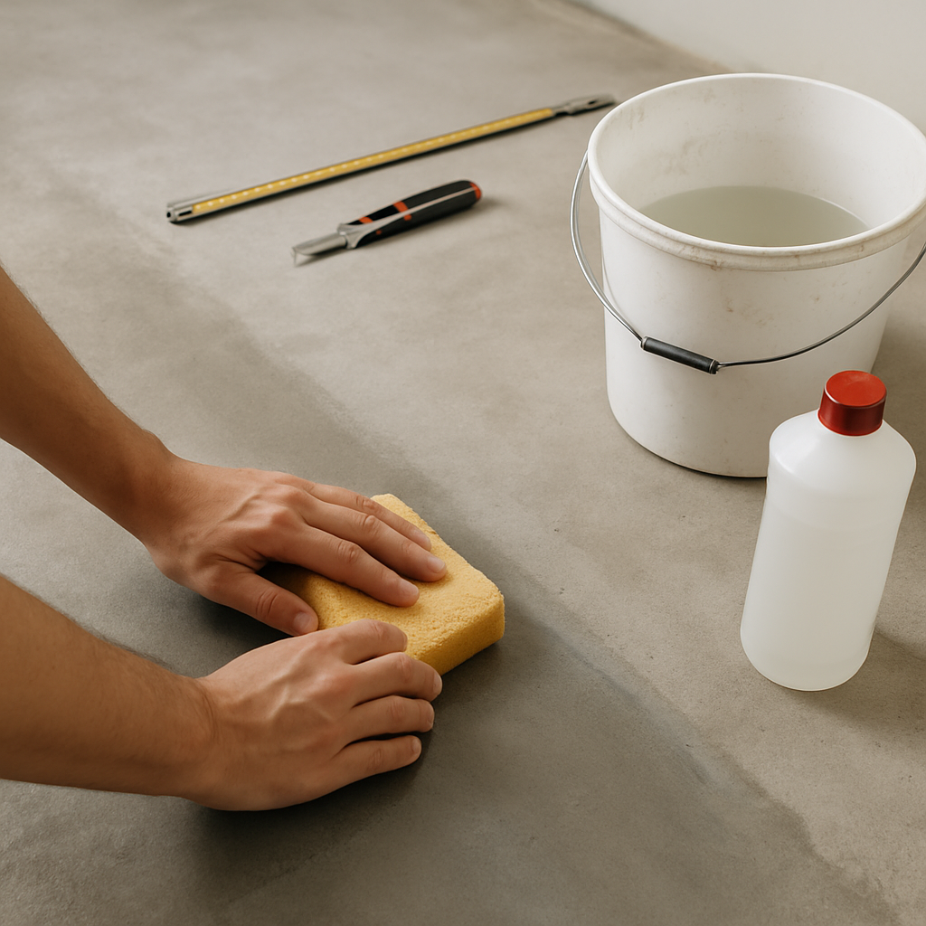 Een detailfoto van handen die een betonnen vloer schoonmaken met een spons en een emmer. Op de achtergrond liggen onopvallend een meetlint en een stanleymes.