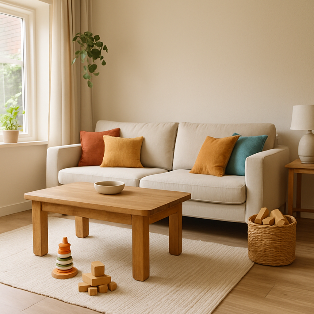 Een lichte woonkamer met duurzame houtlook laminaat, een comfortabele bank met kussens, een lage salontafel en een nette speelhoek met opbergmand. Het geheel straalt een geordende, kindvriendelijke sfeer uit.