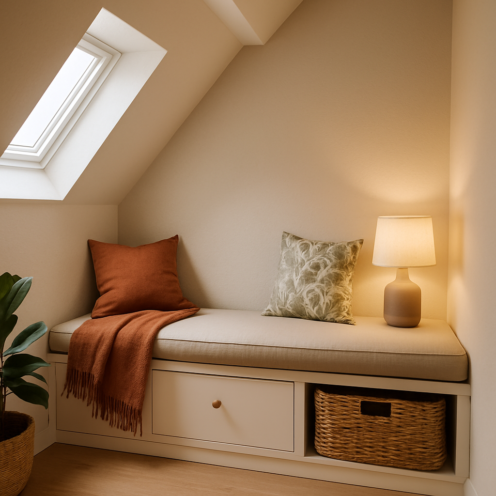 Een knusse leeshoek in een zolderkamer met een ingebouwde bank onder een schuine wand. De bank heeft geïntegreerde lades voor opslag en is versierd met een warme plaid en een kussen. Zacht licht valt door een raam en accentueert de gezellige sfeer.