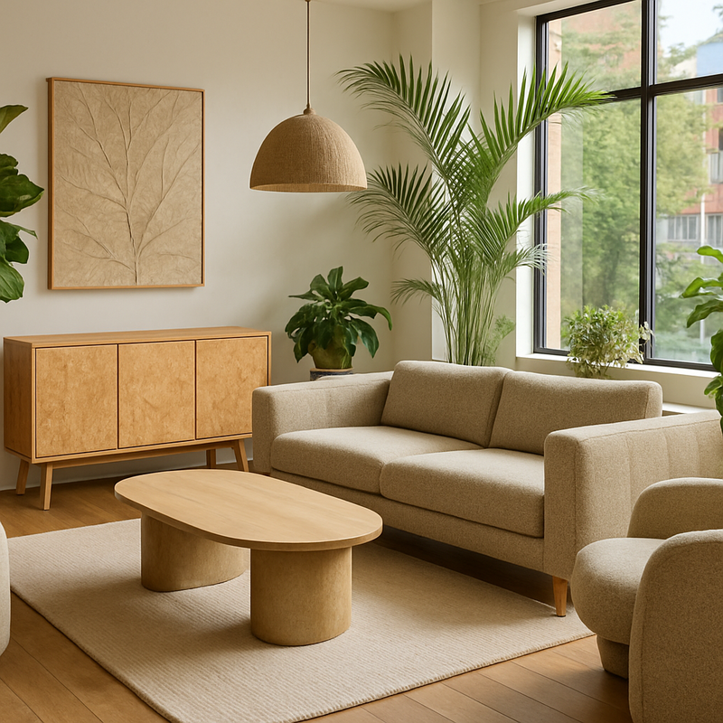 Moderne showroom met ecologische meubels en duurzame materialen in een lichte, groene ambiance