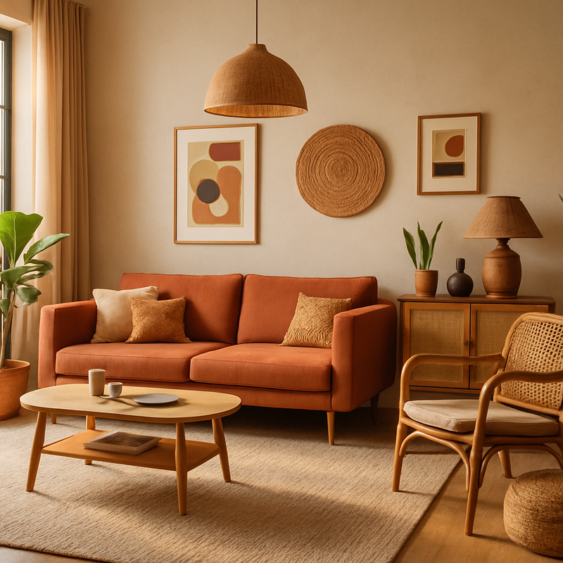 Modern interieur met ecologische meubels, warme kleuren en diverse stijlen gecombineerd