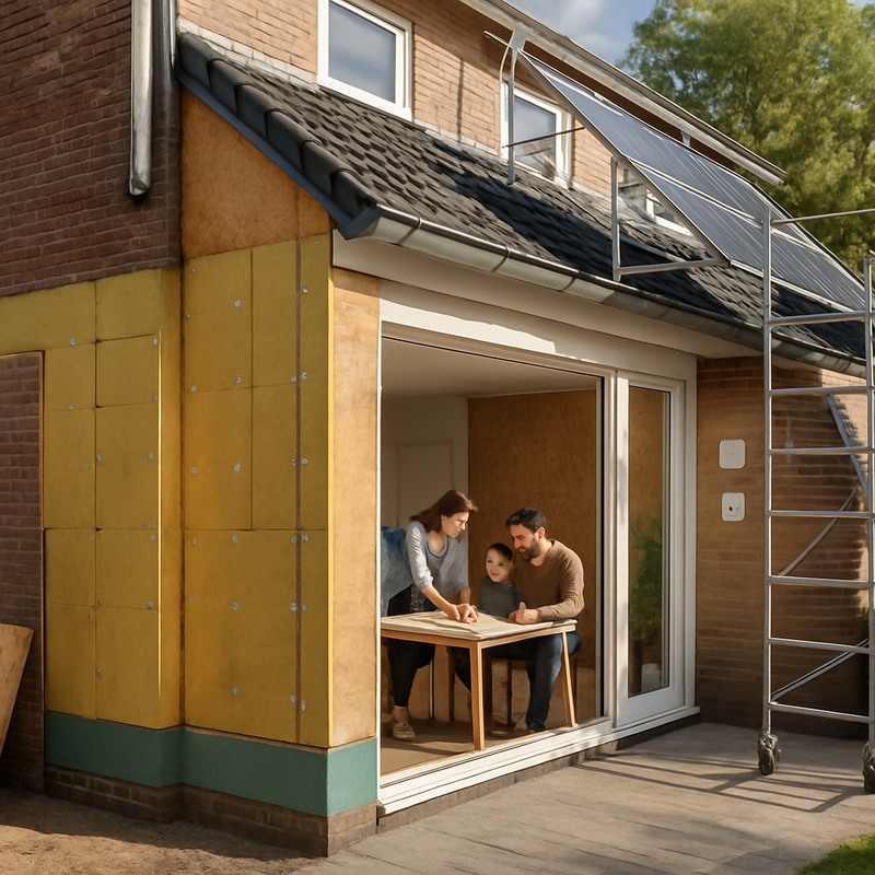 Moderne Nederlandse woning tijdens duurzame renovatie met isolatie en zonnepanelen
