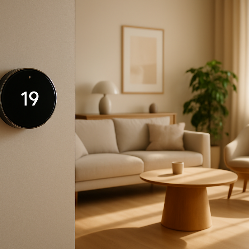 Smart thermostat aan de muur van een modern ingericht huis