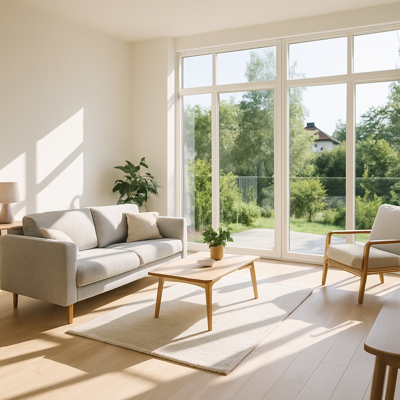 lichte en luchtige woonkamer met grote ramen, veel natuurlijk daglicht en Scandinavisch interieur