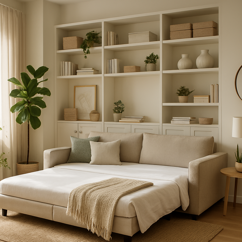 Moderne multifunctionele woonkamer met slaapbank en opbergruimte, natuurlijke lichtinval en planten