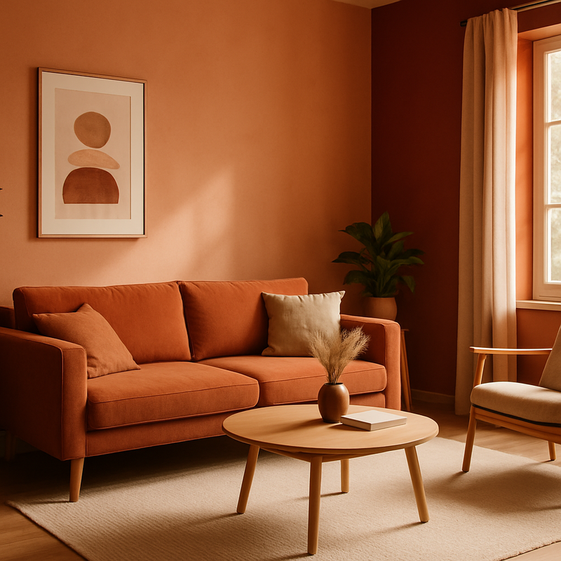 Woonkamer met warme terracotta en rode tinten, houten meubels en natuurlijke lichtinval