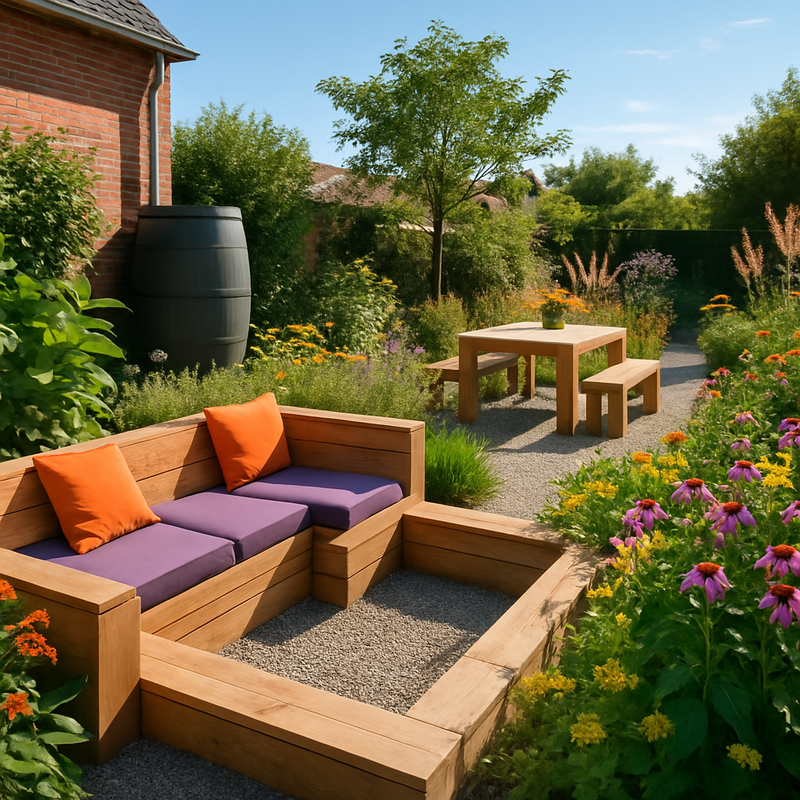 Duurzame tuin met houten meubels, planten en regenton onder zonnige hemel