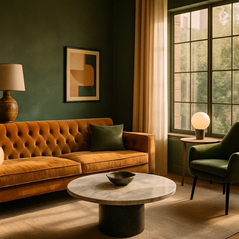 Sfeervolle woonkamer met vintage en moderne meubels in olijfgroen en okergeel, fluweel, marmer en messing