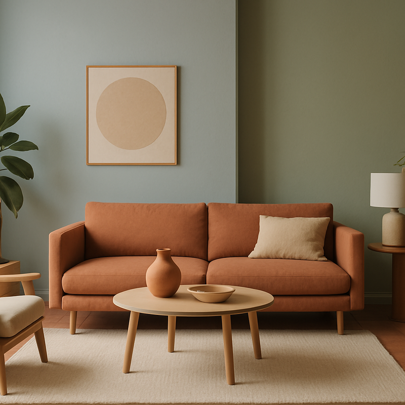 Modern interieur met zachte pastel- en aardetinten op muren en accessoires