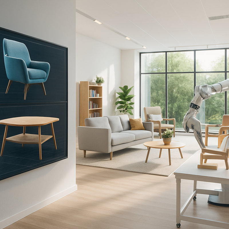 Moderne meubelwinkel met digitale visualisaties en duurzame meubels in lichte showroom