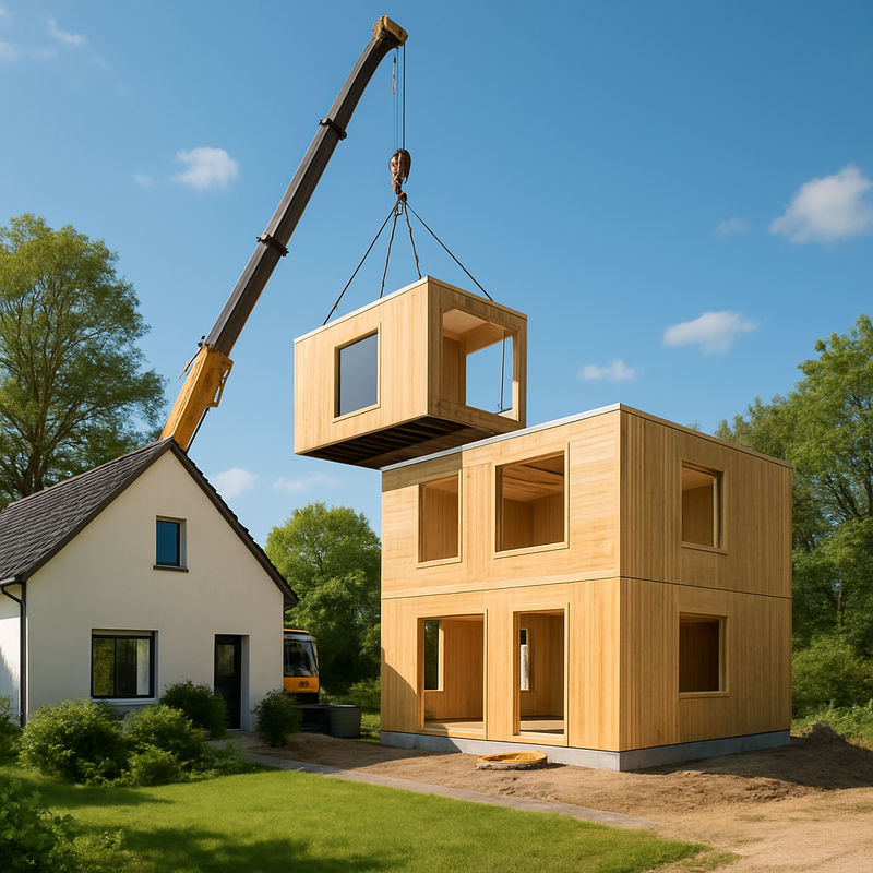 Moderne houten woning in aanbouw via prefab montage, duurzaam en betaalbaar