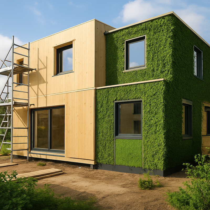 Moderne woningbouw met biobased houten modules en groene gevel ter illustratie van duurzame bouwmaterialen.