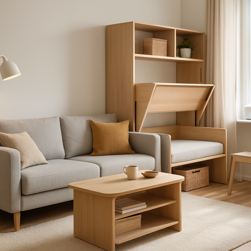 Moderne woonkamer met multifunctionele meubels en slimme duurzame technologieën