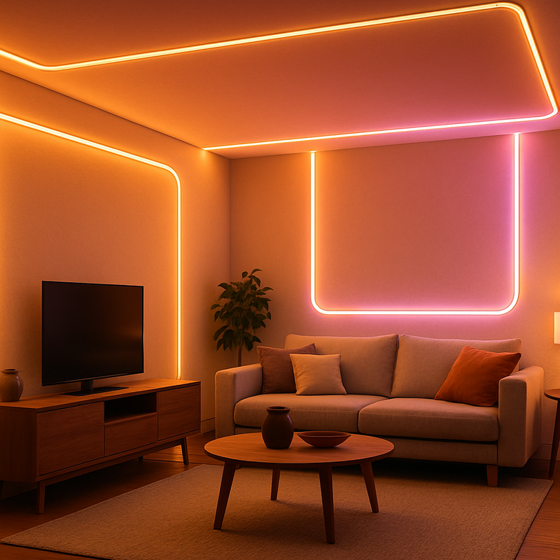 Moderne woonkamer met geïntegreerde flexibele LED-panelen en sfeervolle verlichting